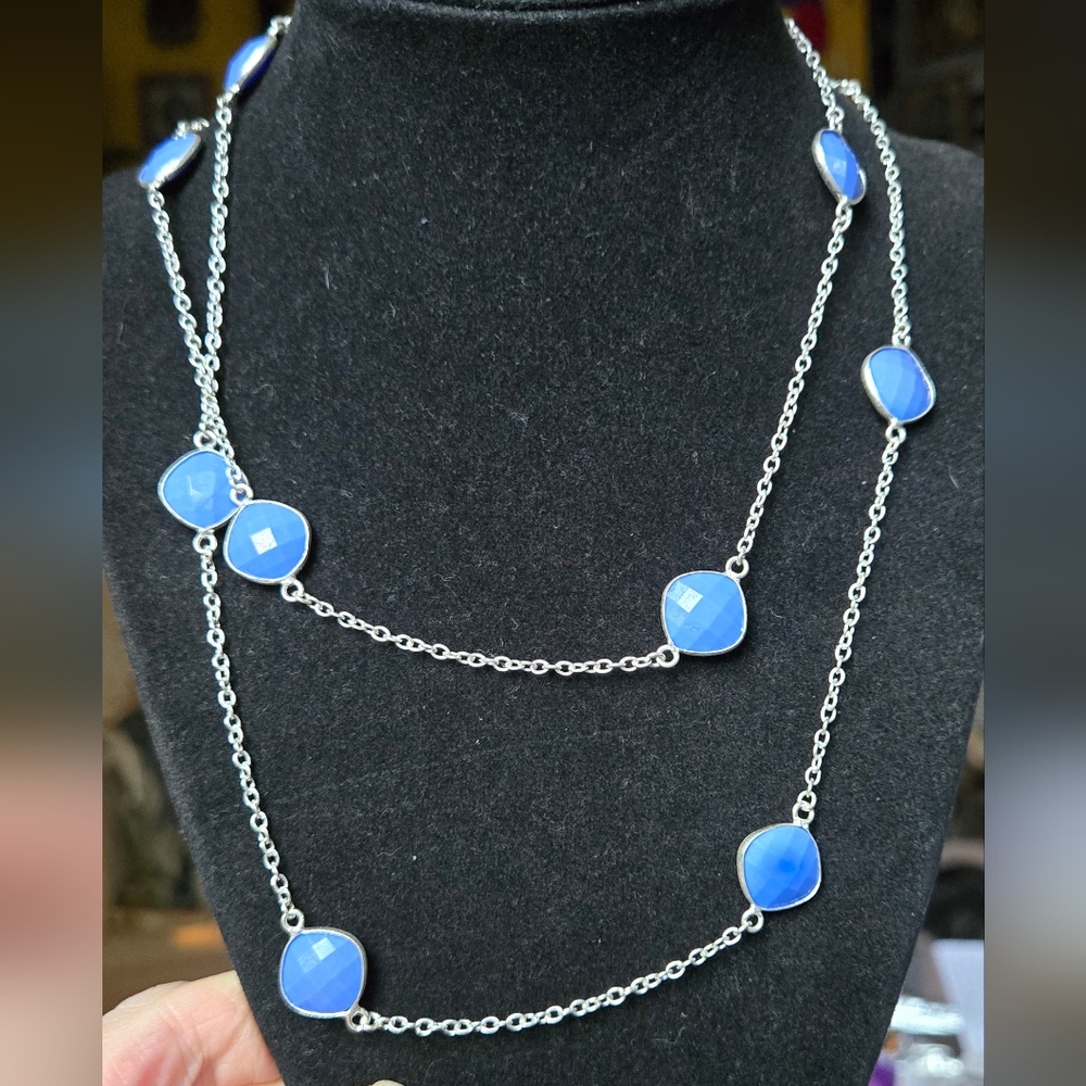 Chalcedony square beveled natural crystal gemstone sterling station necklace 18"